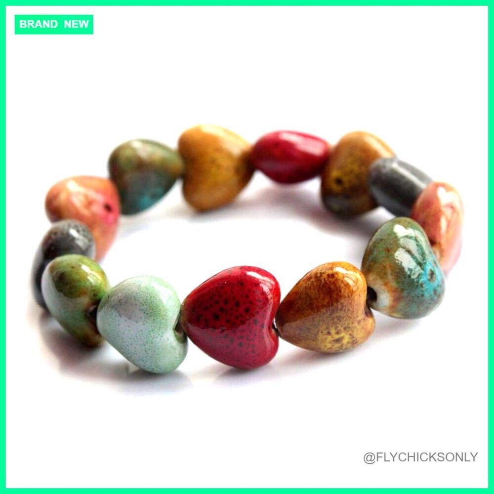 Handmade Ceramic Beaded Bracelet, Elastic Ethnic Style, 14-16cm